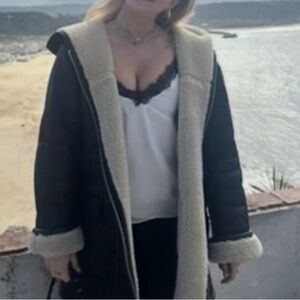 Black Leather Jacket with Cream Fur Lining